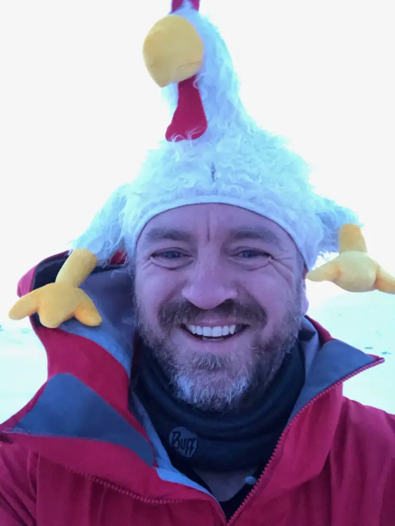 chicken hat on cross country skier.