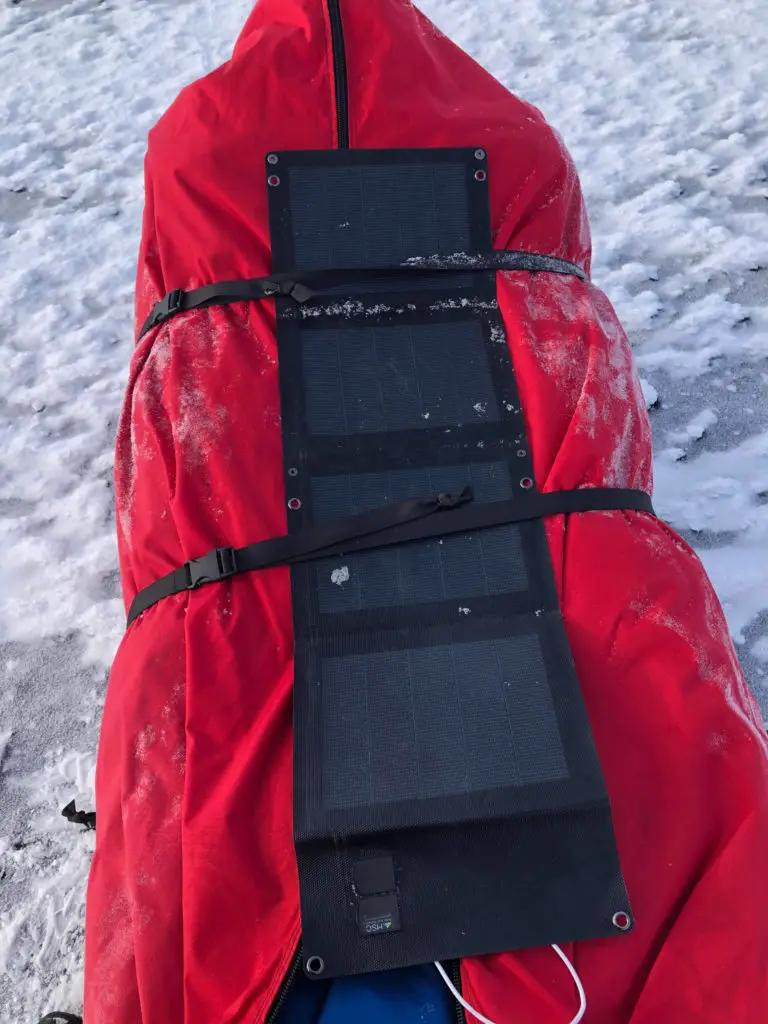 Mobile Solar Chargers Expedition Panel mounted on my pulka.