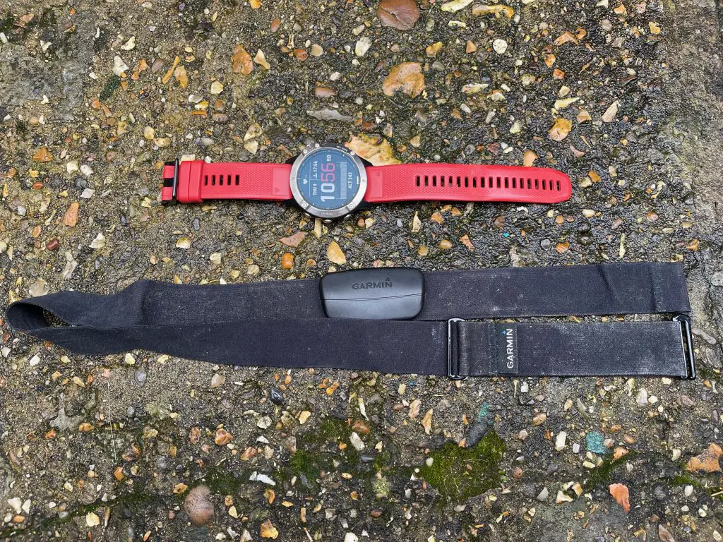 Garmin Fenix 6 and (very dirty) premium heart rate strap.